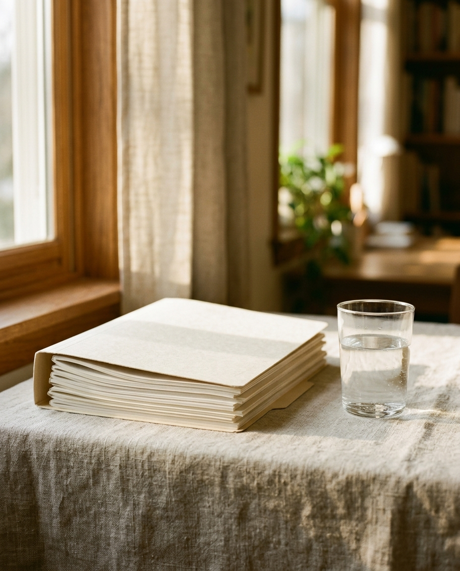 Lab reports in a cream folder beside a glass of water