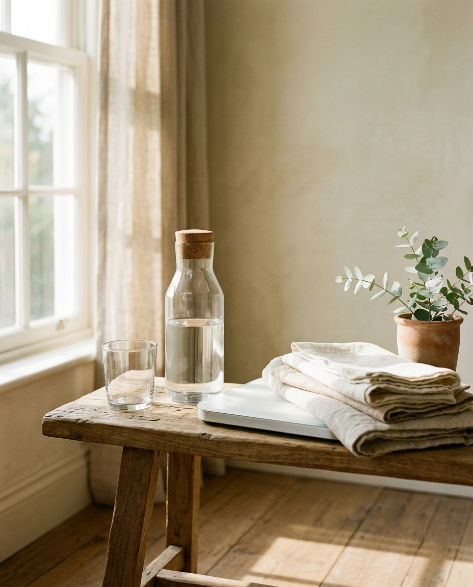 Linen towels and a carafe of water in soft light