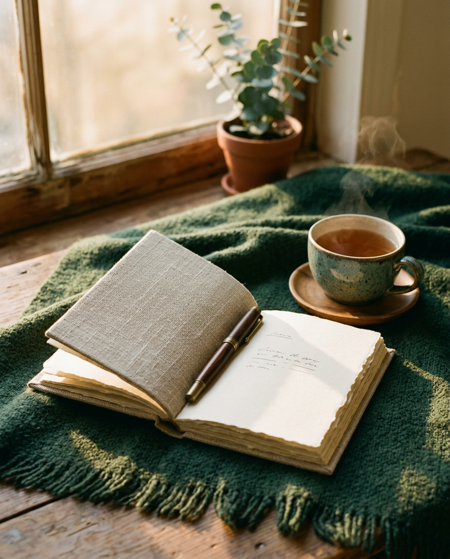 An open journal and cup of tea in golden light