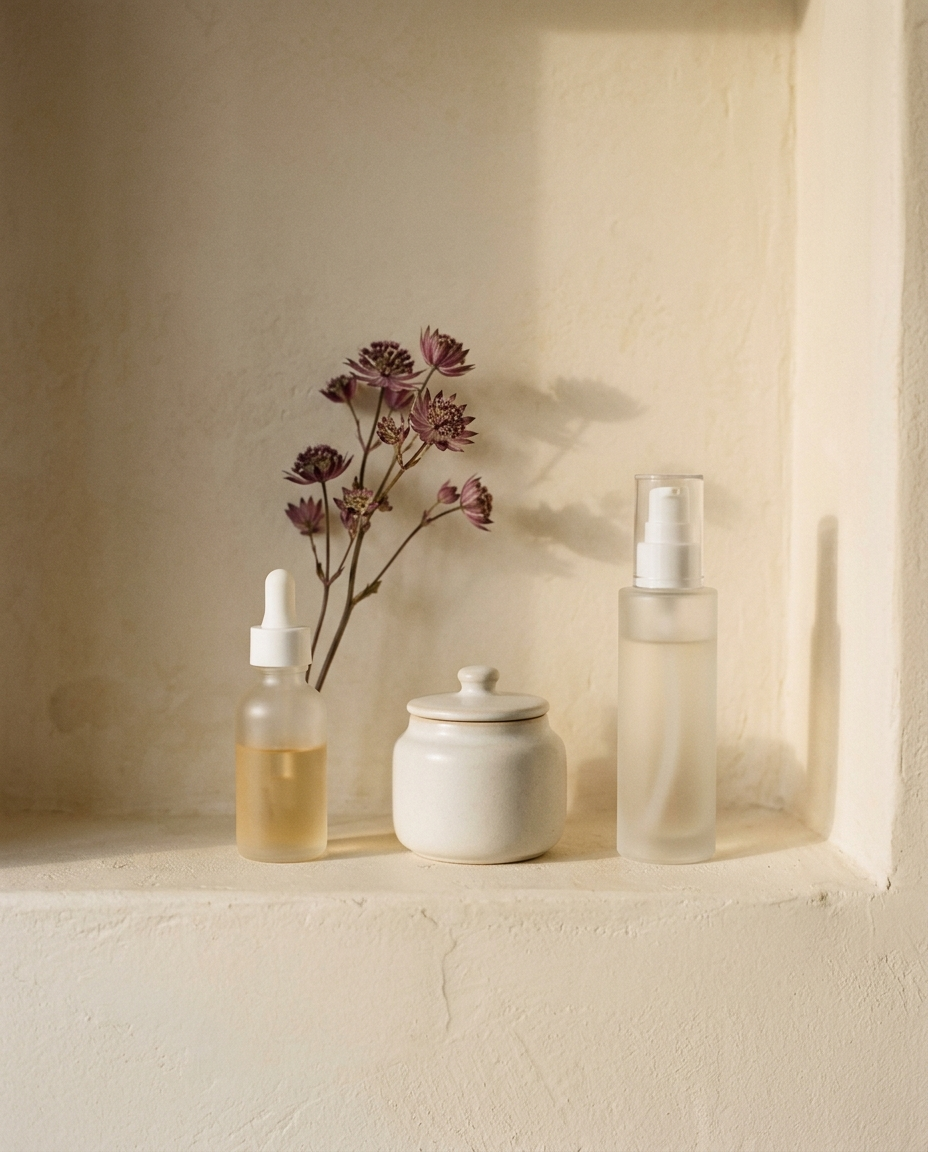 Minimal skincare bottles on a warm cream shelf