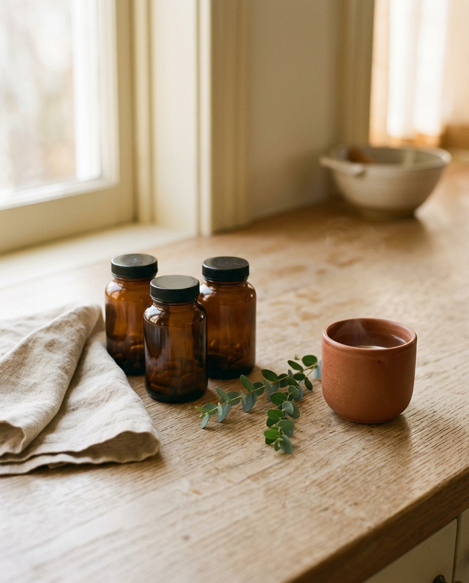 Amber supplement bottles in morning light